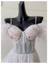 White Tulle Straps Beading Sequins Prom Dress