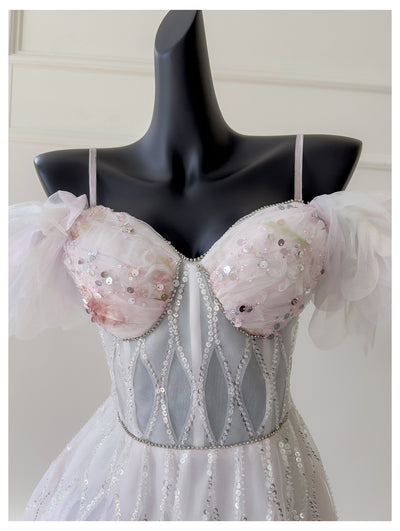 White Tulle Straps Beading Sequins Prom Dress