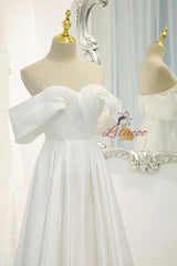 White Satin Off the Shoulder Pleats Wedding Dress