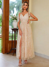 Champagne Tulle Sequins Split Prom Dress