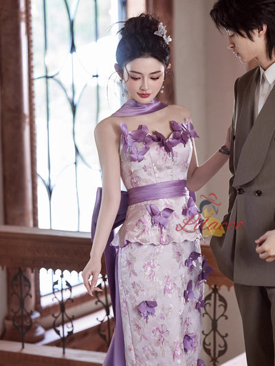 Purple Satin Strapless 3D Flower Prom Dress