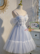 Blue Tulle Pearls Pleats Homecoming Dress