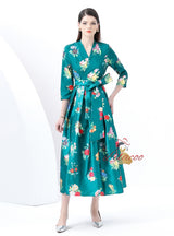 V-neck Long Sleeve Long Retro Print Dress