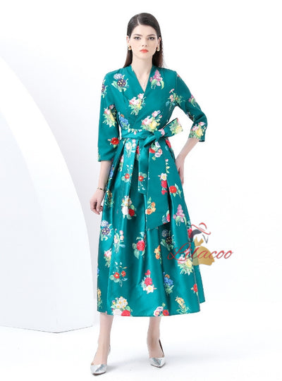 V-neck Long Sleeve Long Retro Print Dress