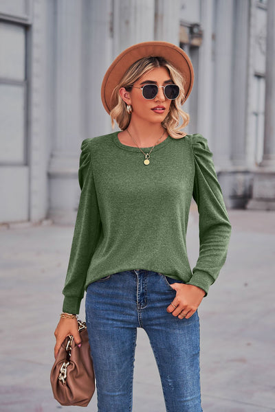 Round Neck Pleated Long Sleeve T-shirt