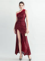 One Shoulder Sequins Split Prom Dress
