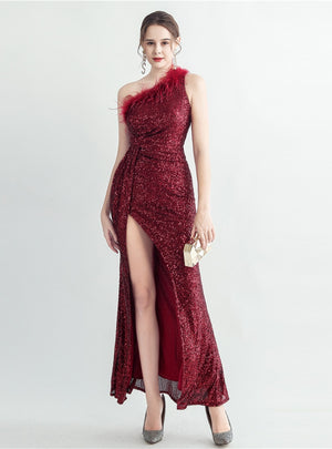 One Shoulder Sequins Split Prom Dress