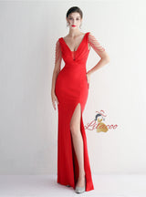 Mermaid V-neck Pleats Beading Prom Dress