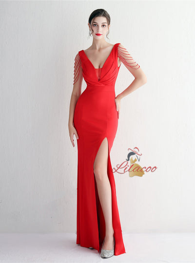 Mermaid V-neck Pleats Beading Prom Dress