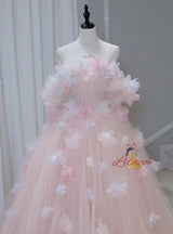Pink Tulle Off the Shoulder 3D Flower Prom Dress