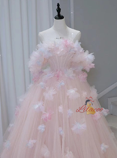 Pink Tulle Off the Shoulder 3D Flower Prom Dress