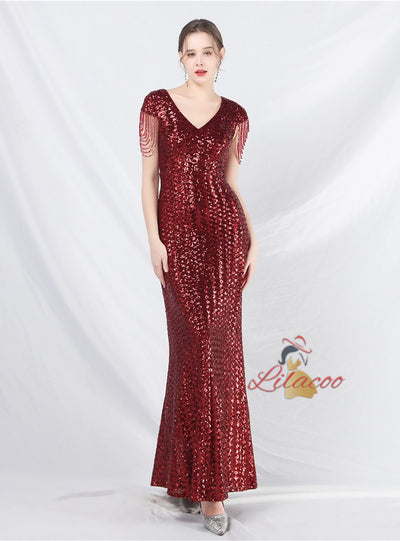 V-neck Sequins Cap Sleeve Beading Prom Dress