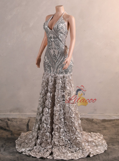 Silver Mermaid Sequins Prom Dress