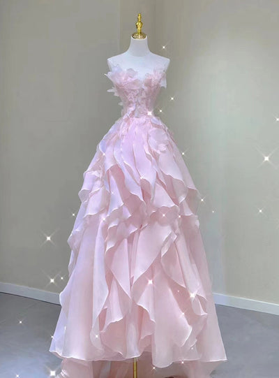 Pink Tulle See Through Neck Beading Prom Dress