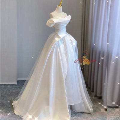 White Satin Tulle Pleats Wedding Dress