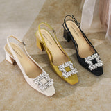 Square-headed Thick Heels Crystal Shoes