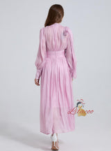 Pleated Silm Waist Long Bubble Sleeve Dress