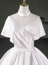 White Satin High Neck Pleats Wedding Dress