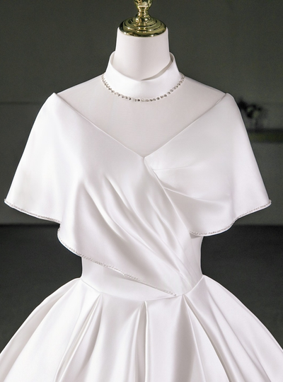 White Satin High Neck Pleats Wedding Dress