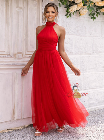 Gray Tulle Halter Backless Party Dress