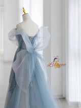 Blue Tulle Sequins Straps Prom Dress