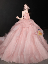 Vintage Pink Tulle Strapless Wedding Dress