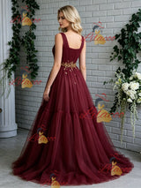 Burgundy Tulle Straps Pleats Prom Dress
