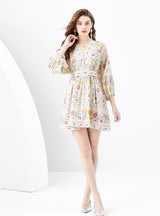 V-neck Lantern Sleeve Retro Printed Mini Dress