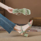 Rhinestone Square-headed Thick-heeled Sandals