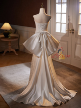 White Mermaid Lace Satin Strapless Bow Wedding Dress