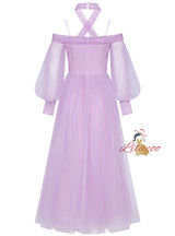 Purple Tulle Long Sleeve Pleats Prom Dress