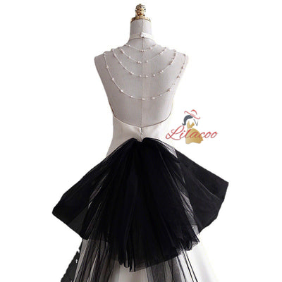 White Satin Halter Black Tulle Backless Wedding Dress