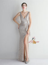 Burgundy V-neck Sequins Split Prom Dress