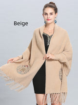 Embroidered Knitted Fringed Long Shawl
