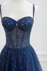 Blue Spaghetti Straps Tulle Beading Prom Dress
