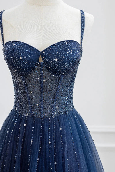 Blue Spaghetti Straps Tulle Beading Prom Dress