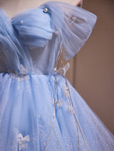 Blue Tulle Sequins Off the Shoulder Homecoming Dress