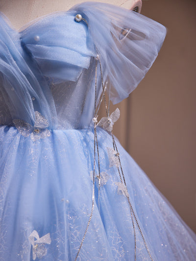 Blue Tulle Sequins Off the Shoulder Homecoming Dress