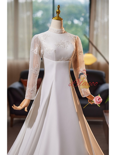 White Satin Long Sleeve High Neck Wedding Dress