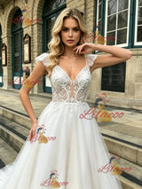 White Tulle Straps Lace Wedding Dress