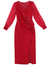 Red V-neck Long Sleeve Mother Of The Bride Dress
