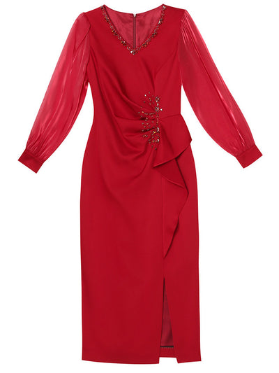 Red V-neck Long Sleeve Mother Of The Bride Dress