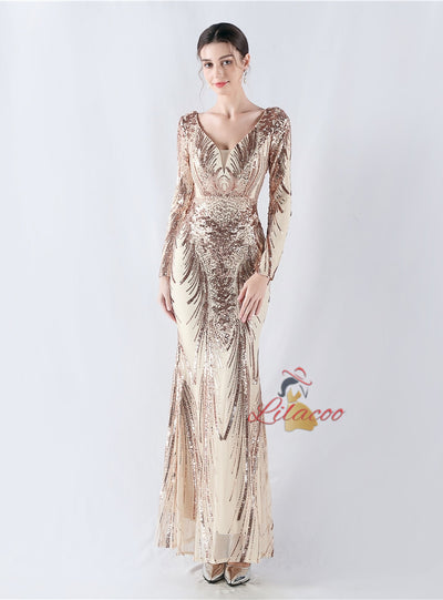 Long Sleeve Sequins V-neck Prom Dress