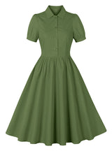 Short Sleeve Button Zipper Retro Solid Color Dress
