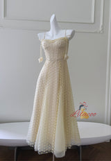 Yellow Straps Embroidery Prom Dress