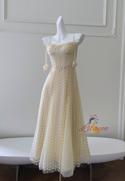 Yellow Straps Embroidery Prom Dress