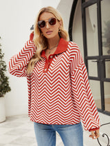 Striped Long Sleeve Color Matching Lapel Sweater