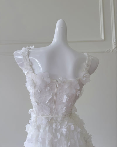 White Tulle Straps 3D Flower Prom Dress