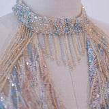 Champagne Sequins Halter Beading Prom Dress