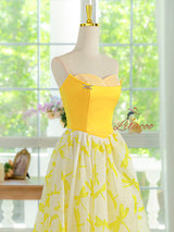 Yellow Print Straps Prom Dress